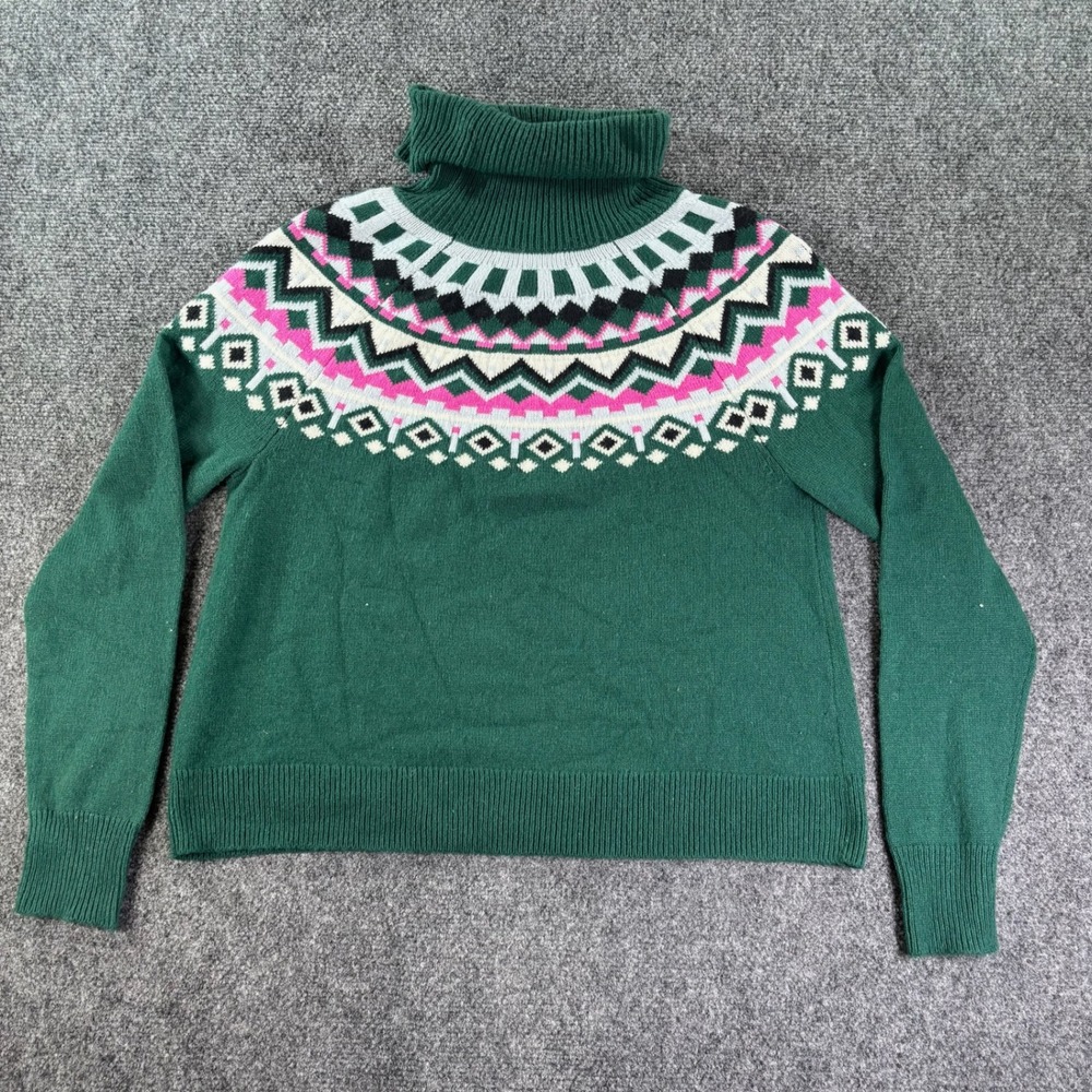 1901 Turtleneck Sweater Womens Small Green Fair Isle Merino Wool Blend Knit